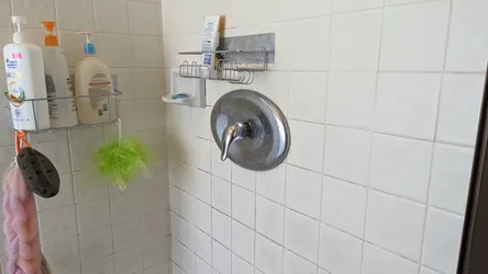 Single-handle pressure-balancing shower valve trim (likely Moen or Delta) set in ceramic tile surround, chrome escutcheon showing hard water mineral scale buildup, grout lines moderately stained indicating age, no visible supply or drain work.